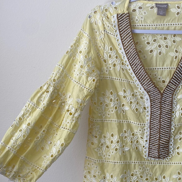 Chico's Yellow Eyelet Blouse with Brown Beaded Trim - Picture 5 of 9
